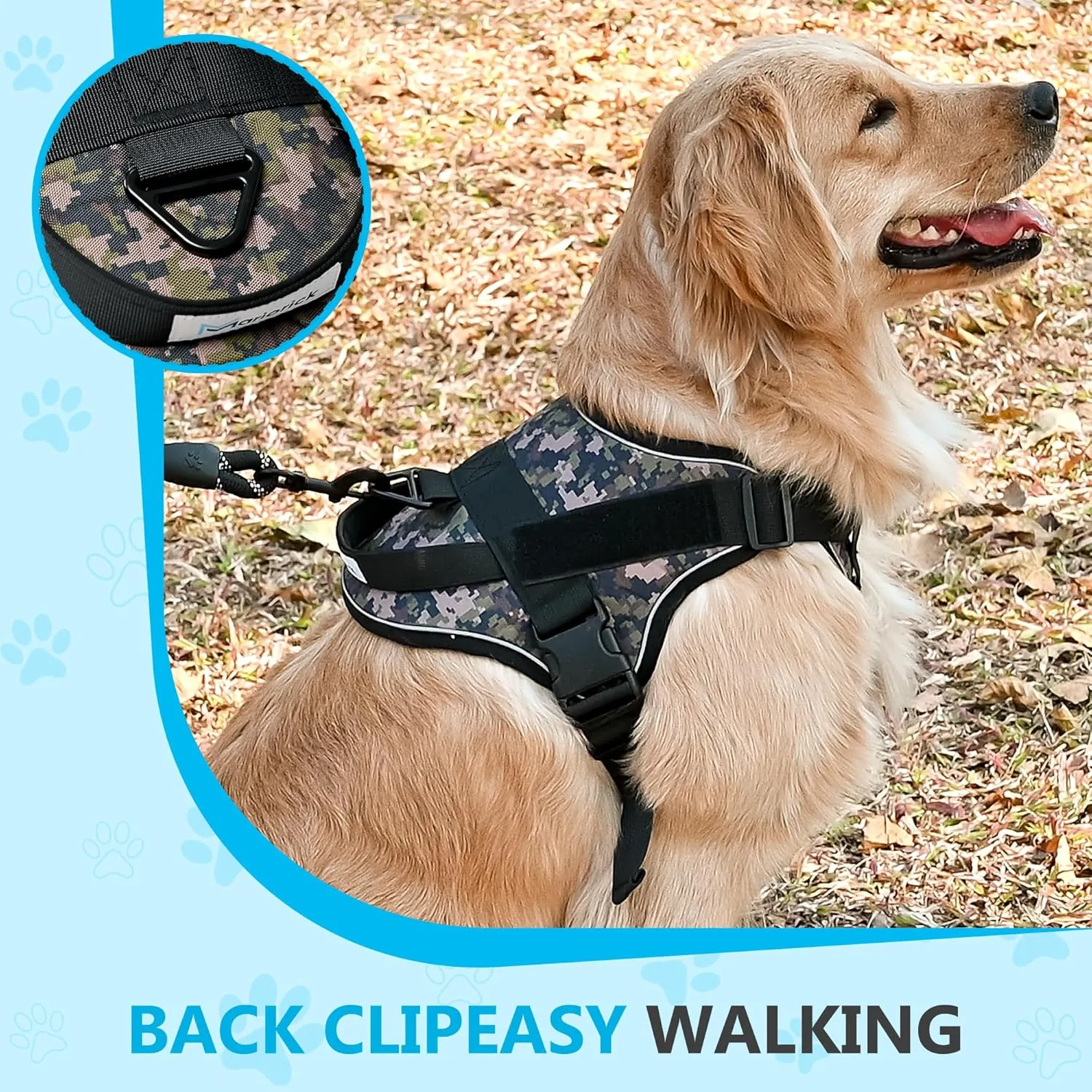 Reflective No Pull Dog Harness for Large Medium Dogs Adjustable Padded Vest 2 Leash Clips Easy Control Handle Soft Comfortable Tactical Military Grade Training Walking Hiking (Blue Camouflage M)