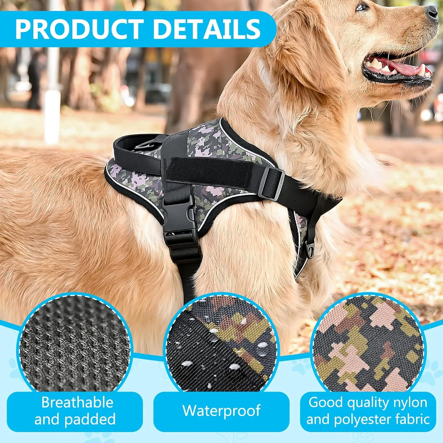 Reflective No Pull Dog Harness for Large Medium Dogs Adjustable Padded Vest 2 Leash Clips Easy Control Handle Soft Comfortable Tactical Military Grade Training Walking Hiking (Blue Camouflage M)