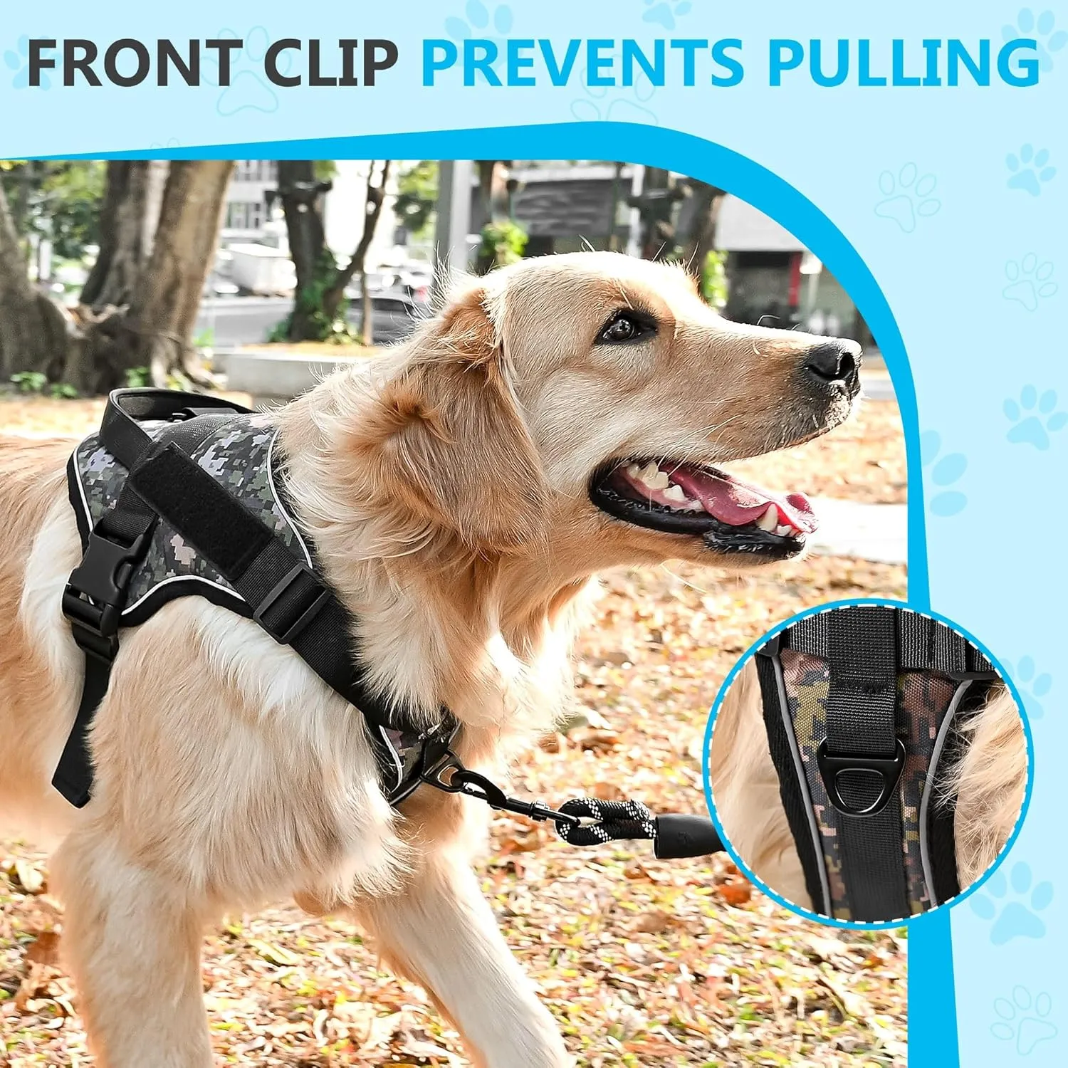 Reflective No Pull Dog Harness for Large Medium Dogs Adjustable Padded Vest 2 Leash Clips Easy Control Handle Soft Comfortable Tactical Military Grade Training Walking Hiking (Blue Camouflage M)