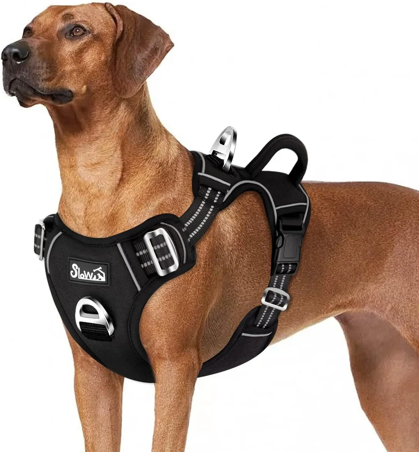 SlowTon No Pull Dog Harness, Heavy Duty No Choke Pet Harness with 2 Leash Clips and Easy Control Vertical Handle, Adjustable Soft Padded Dog Vest for Small, Medium and Large Dogs(Black,X-Large)