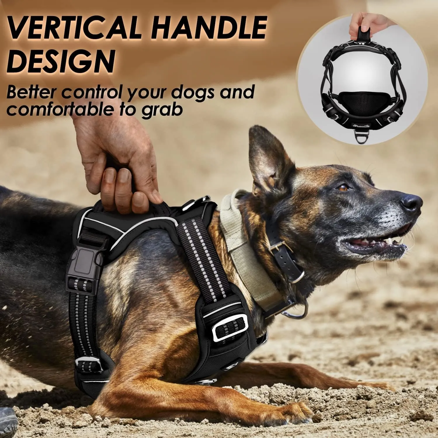 SlowTon No Pull Dog Harness, Heavy Duty No Choke Pet Harness with 2 Leash Clips and Easy Control Vertical Handle, Adjustable Soft Padded Dog Vest for Small, Medium and Large Dogs(Black,X-Large)