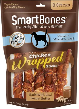 SmartBones Chicken-Wrapped Sticks, Treat Your Dog to a Rawhide-Free Chew Made With Real Chicken and Peanut Butter 8 Count (Pack of 1)