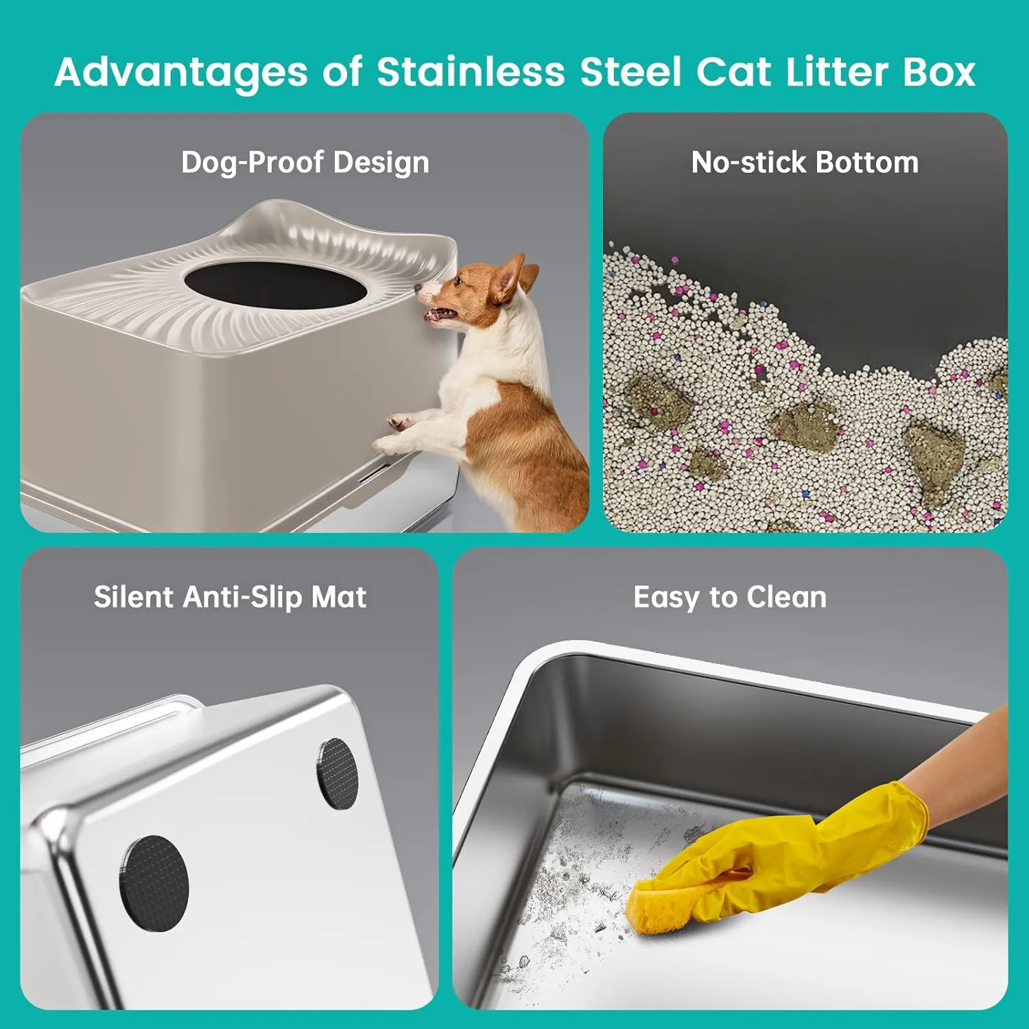 Stainless Steel Cat Litter Box, XL Top Entry Litter Box for Big Cats, Enclosed Large Cat Box with High Wall, Metal Cat Litter Pan Never Absorbs Odors, Easily Cleaning, Include Scoop