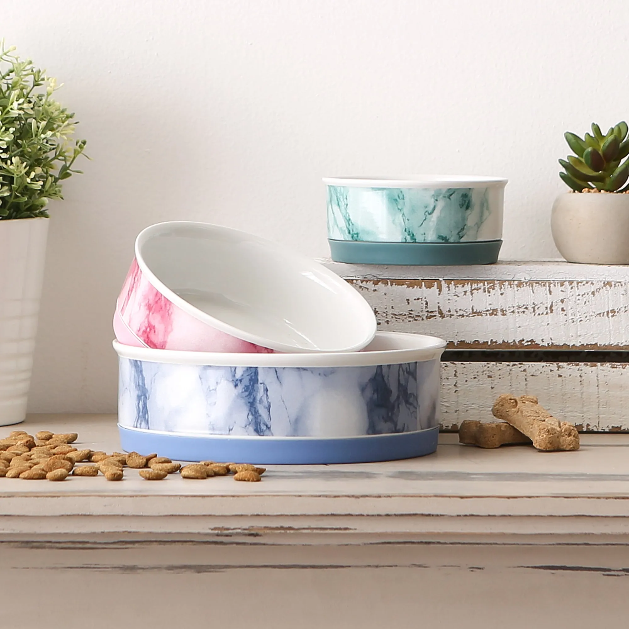 Teal Marble Pet Bowl Set of 2, Small - 3/4 C Capacity