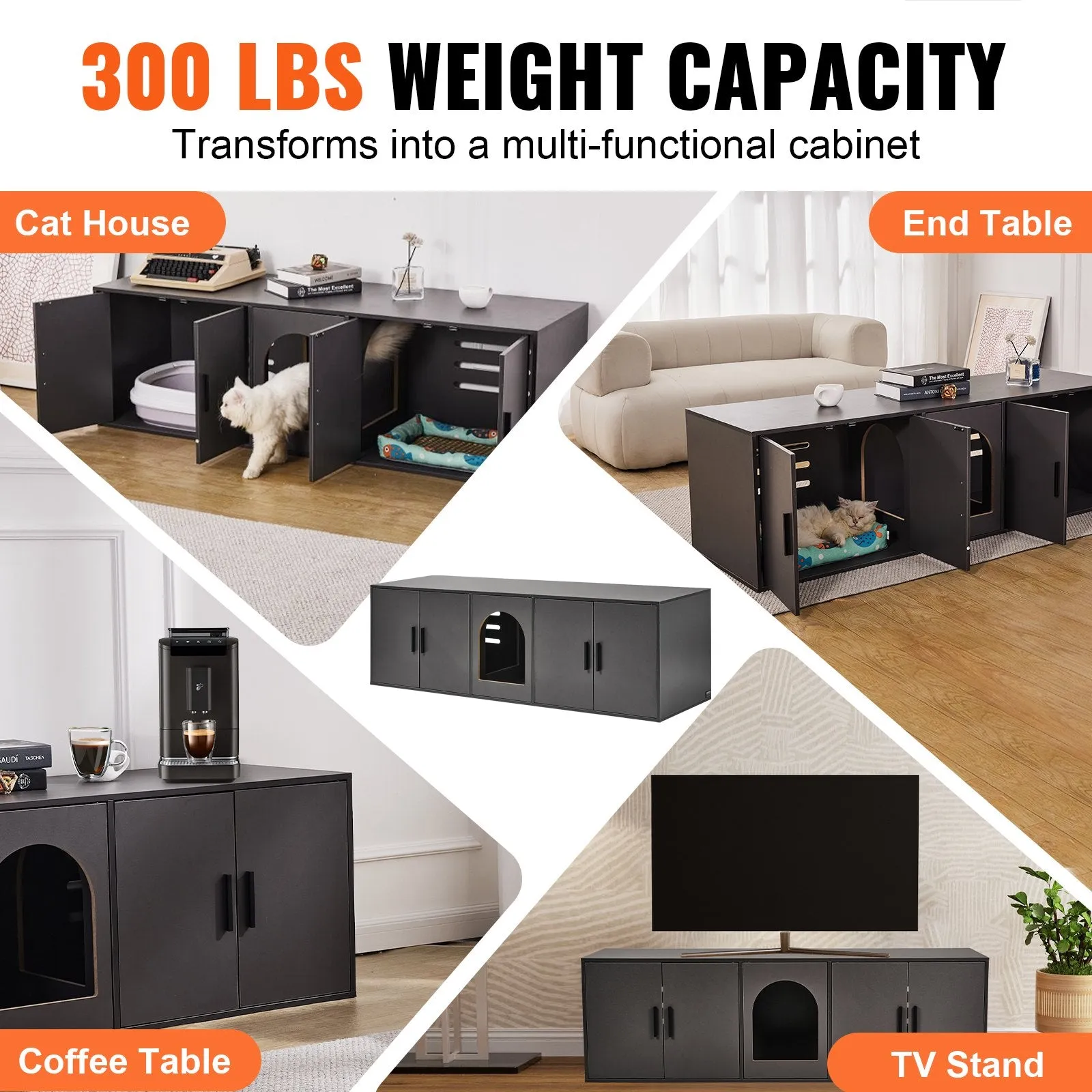 Vevor Cat Litter Box Enclosure 57.9" x 18.3" x 17.9" 300 Lbs Capacity Black New