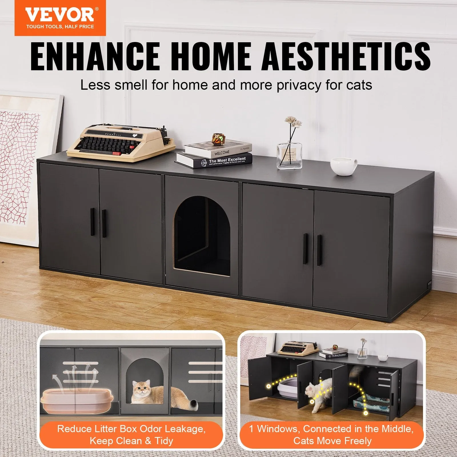Vevor Cat Litter Box Enclosure 57.9" x 18.3" x 17.9" 300 Lbs Capacity Black New