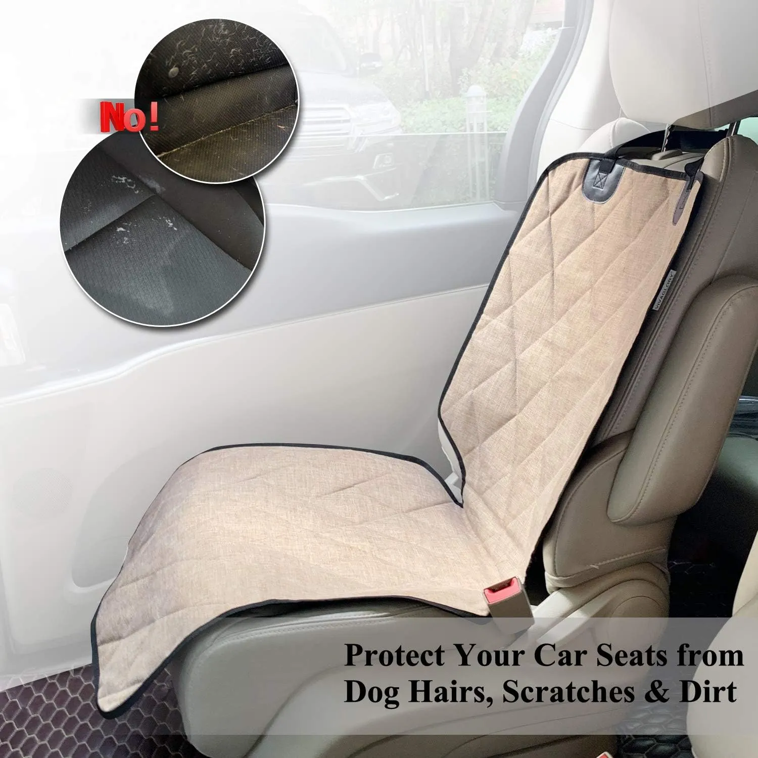 VIVAGLORY Front Dog Seat Covers, 1PACK No-Skirt Design 4 Layers Quilted & Durable 600D Oxford Dog Seat Cover for Most Cars, SUVs & MPVs, Heather Khaki