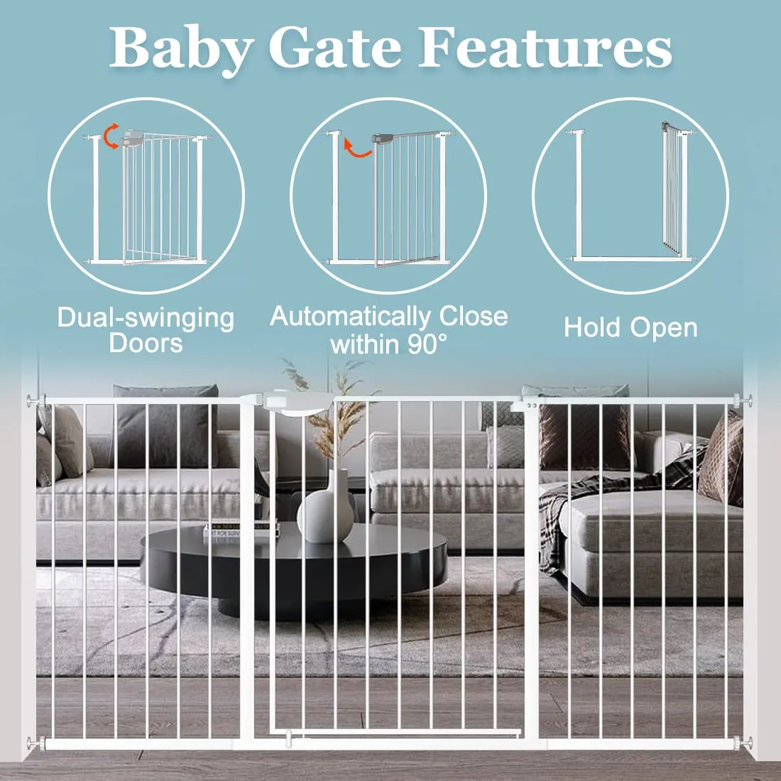 WAOWAO Triple Lock Baby Gate Extra Wide 81.49-85.82" Pressure Mounted Walk Through Swing Auto Close Safety White Metal Dog Pet Puppy Cat for Stairs,Doorways,Kitchen