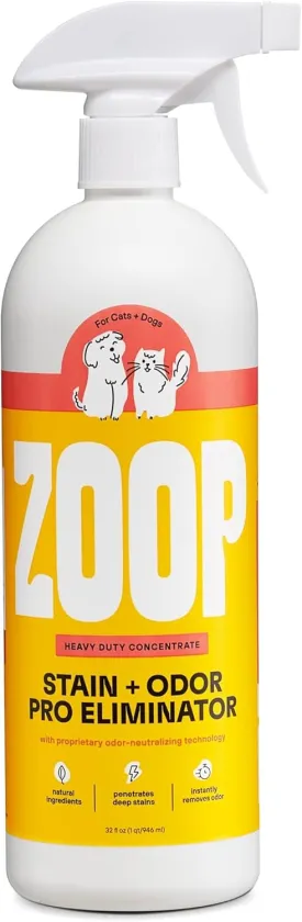 Zoop Pet Stain and Odor Pro Eliminator Spray, Enzymatic Cleaner for Dog Urine, Cat Urine, Safe, Heavy Duty Formula. Removes Pet Urine Odor & Stains, Safe for All Surfaces - 32 oz.